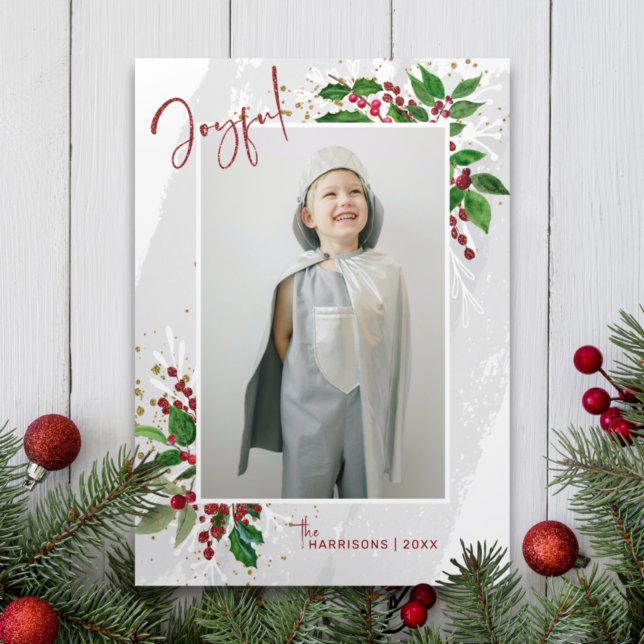Modern Abstract Swashes, Holly & Sparkles Photo Tri-Fold Card (Creator Uploaded)