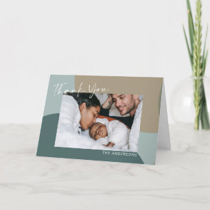 Modern Abstract Taupe and Teal Photo Baby  Letterpress Thank You Card