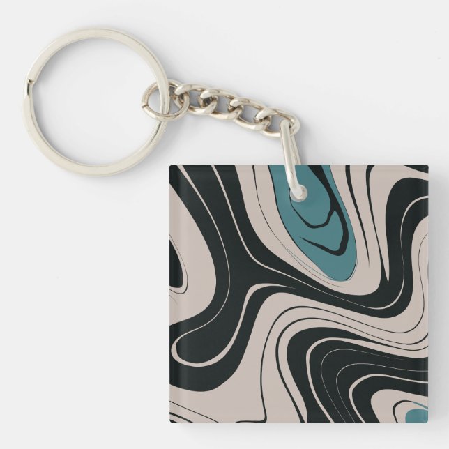 Modern Abstract Teal and Black Swirl Pattern Keychain (Front)