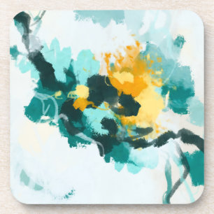 Modern Abstract Teal and Yellow Painted Design  Beverage Coaster