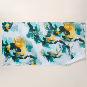 Modern Abstract Teal and Yellow Painted Design  Th Beach Towel