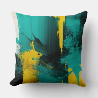 Modern Abstract Teal and Yellow Painted Design Throw Pillow