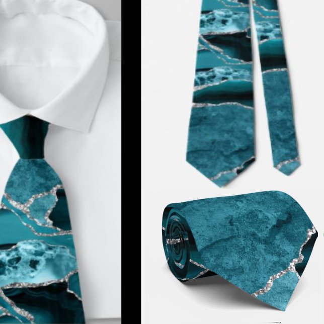 Modern Abstract Teal Blue Agate Formal Silver Neck Tie (Creator Uploaded)