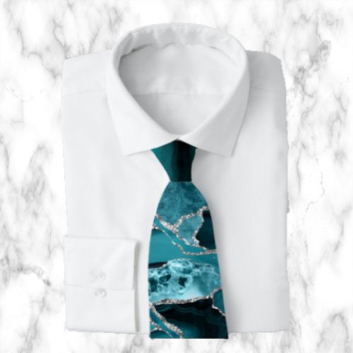 Modern Abstract Teal Blue Agate Formal Silver Neck Tie