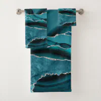 Turquoise & Faux Silver Agate Kitchen Towel Teal Marble 