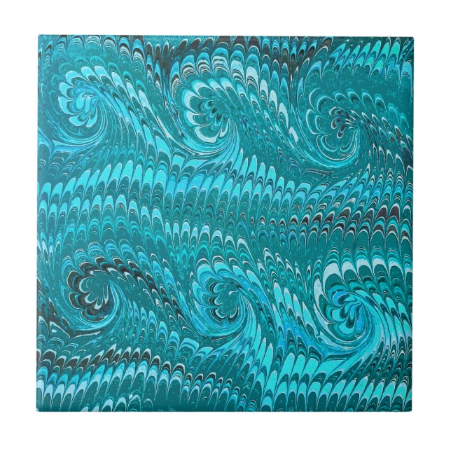 Modern Abstract Teal Blue Marbled Swirls Ceramic Tile (Front)