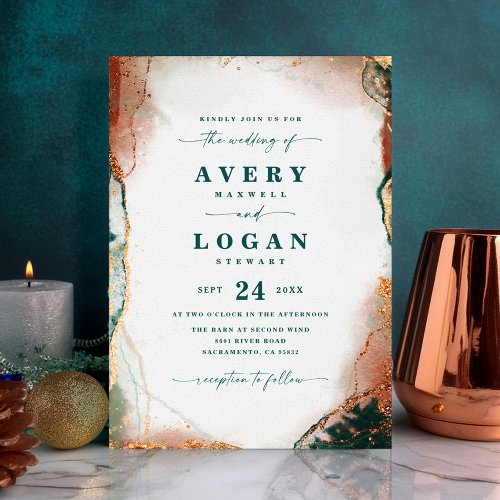 Modern Abstract Teal Copper  Gold Fall Wedding Invitation