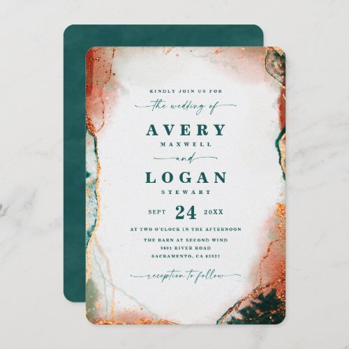 Modern Abstract Teal Copper  Gold Fall Wedding Invitation