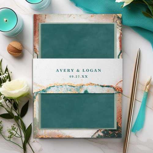 Modern Abstract Teal Copper  Gold Fall Wedding Invitation Belly Band