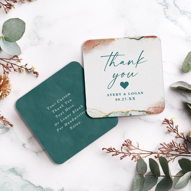 Modern Abstract Teal & Copper Wedding Thank You Note Card (Modern teal and copper wedding thank you note cards with abstract design.)