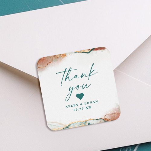 Modern Abstract Teal  Copper Wedding Thank You Square Sticker