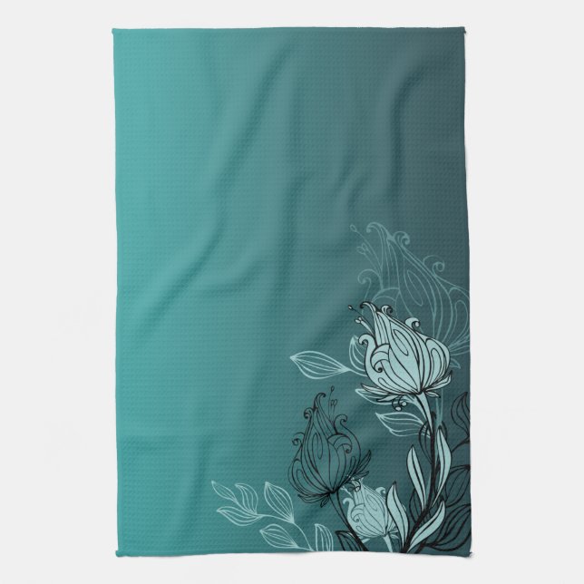Modern Abstract Teal Floral Kitchen Towel (Vertical)