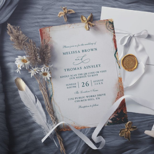 Modern Abstract Teal Foil Budget QR Code Wedding Invitation (Creator Uploaded)