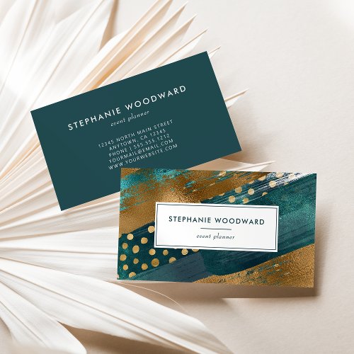 Modern Abstract Teal Gold Brushstrokes Business Card