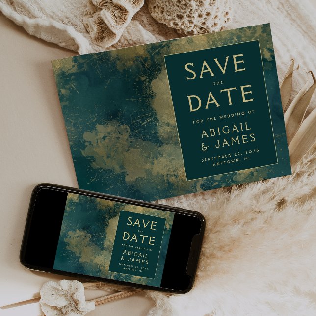 Modern Abstract Teal Gold Wedding Save the Date Invitation (Creator Uploaded)