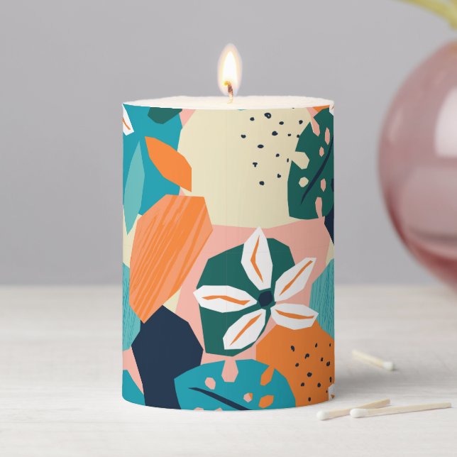 Modern Abstract Teal Orange Peach  Pillar Candle (In Situ)