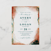 Modern Abstract Teal Real Rose Gold Wedding Foil Invitation (Standing Front)