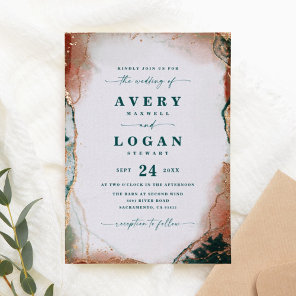 Modern Abstract Teal Real Rose Gold Wedding Foil Invitation
