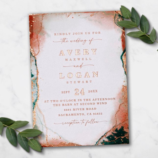 Modern Abstract Teal Real Rose Gold Wedding Real Foil Invitation (Creator Uploaded)
