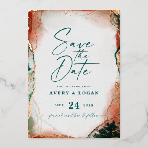 Modern Abstract Teal Rose Gold Save the Date Real Foil Invitation