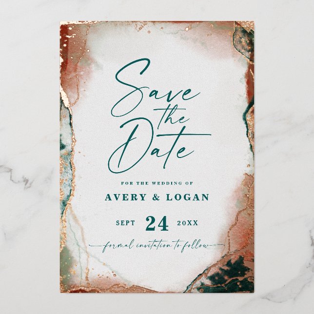 Modern Abstract Teal Rose Gold Save the Date Real Foil Invitation (Front)