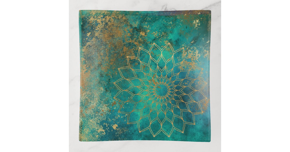 Modern Abstract Teal Watercolor Gold Mandala Trinket Trays