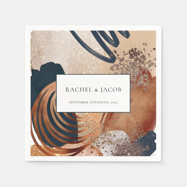 Modern Abstract Terracotta Navy Gold Wedding Napkins (Front)