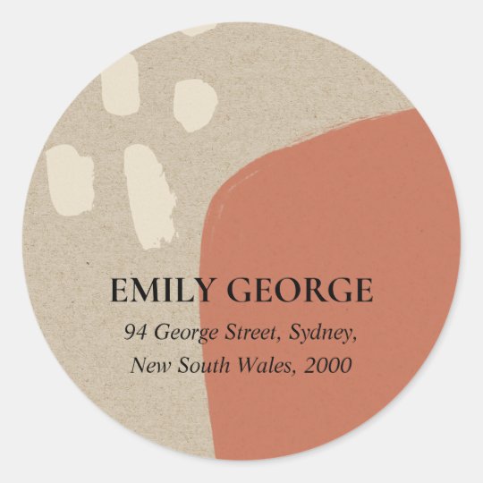 MODERN ABSTRACT TERRACOTTA RED KRAFT ADDRESS CLASSIC ROUND STICKER