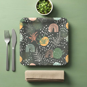 Modern Abstract Terrazzo & Botanical Collage Paper Plates