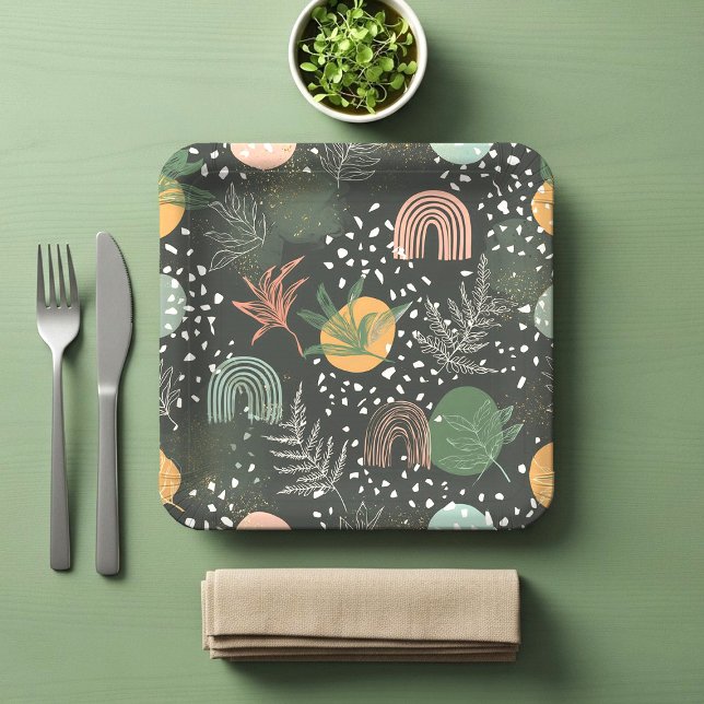 Modern Abstract Terrazzo & Botanical Collage  Paper Plates (Creator Uploaded)