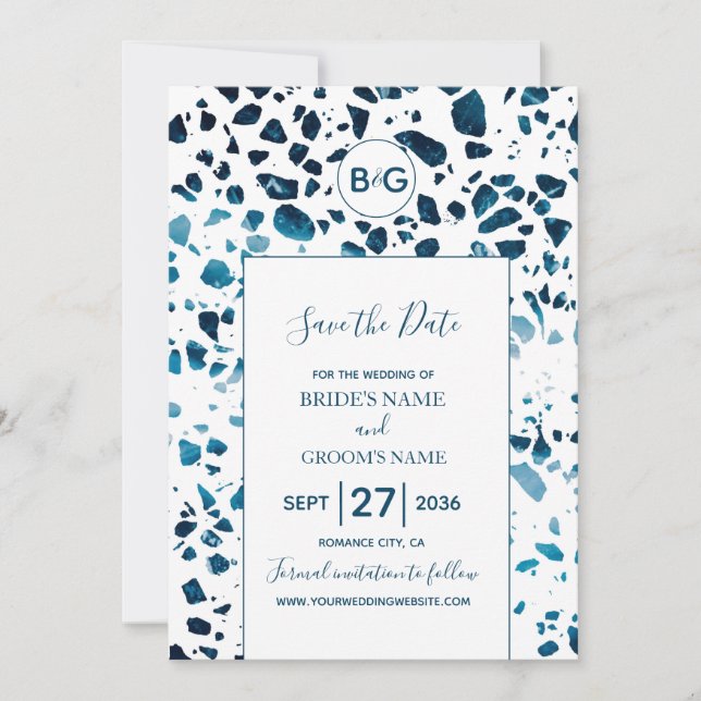 Modern Abstract Terrazzo Mosaic Blue Save The Date (Front)
