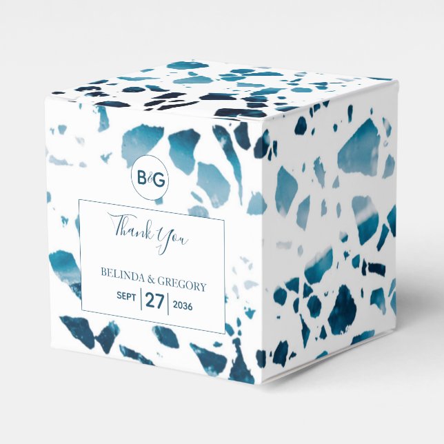 Modern Abstract Terrazzo Mosaic Blue Wedding Favor Boxes (Front Side)