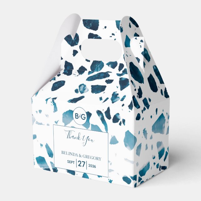 Modern Abstract Terrazzo Mosaic Blue Wedding Favor Boxes (Front Side)