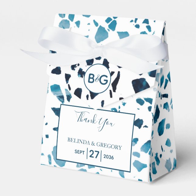 Modern Abstract Terrazzo Mosaic Blue Wedding Favor Boxes (Front Side)