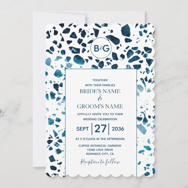 Modern Abstract Terrazzo Mosaic Blue Wedding Invit Invitation (Front)