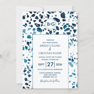 Modern Abstract Terrazzo Mosaic Blue Wedding Invitation