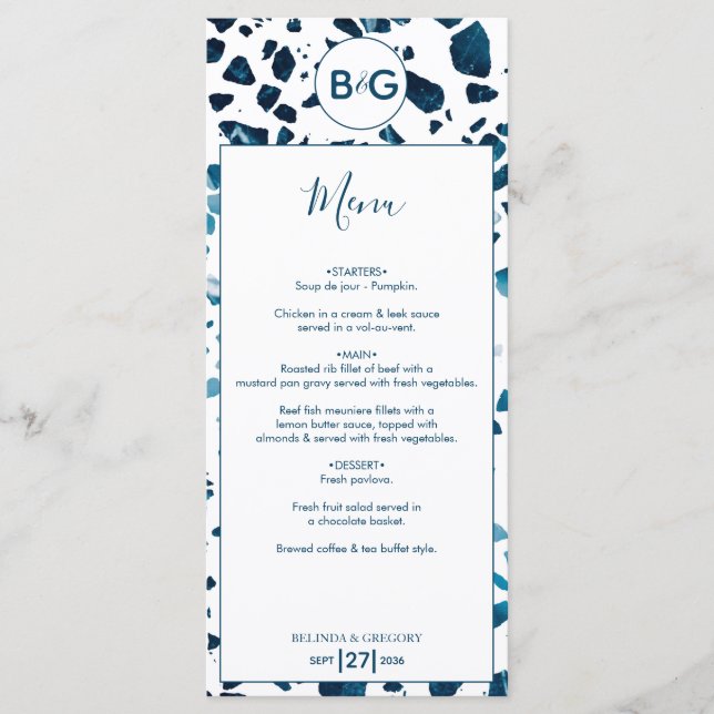 Modern Abstract Terrazzo Mosaic Blue Wedding Menu (Front)