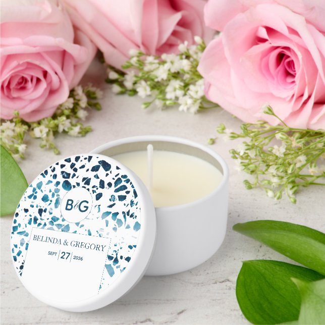 Modern Abstract Terrazzo Mosaic Blue Wedding Mini Candle Favors (Insitu (Wedding))