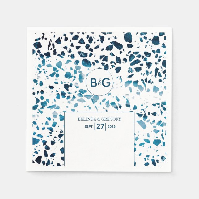 Modern Abstract Terrazzo Mosaic Blue Wedding Napkins (Front)
