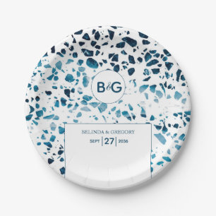 Modern Abstract Terrazzo Mosaic Blue Wedding Paper Plates