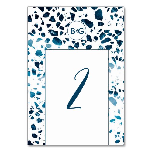 Modern Abstract Terrazzo Mosaic Blue Wedding Table Number