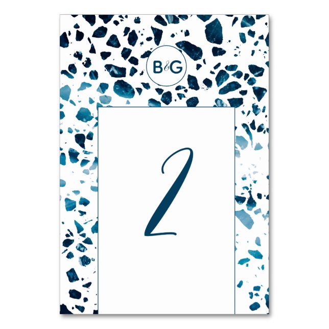 Modern Abstract Terrazzo Mosaic Blue Wedding Table Number (Back)
