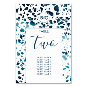 Modern Abstract Terrazzo Mosaic Blue Wedding Table Number