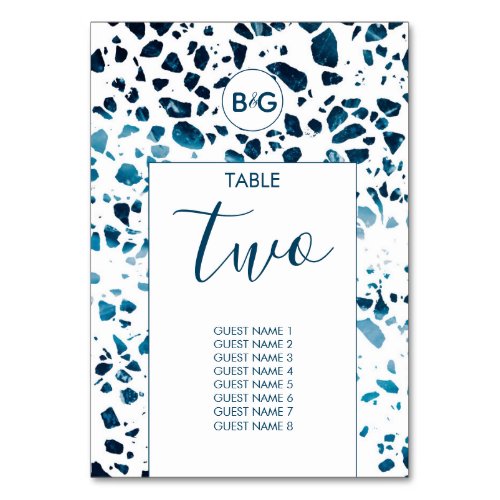 Modern Abstract Terrazzo Mosaic Blue Wedding  Table Number