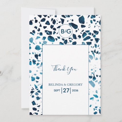 Modern Abstract Terrazzo Mosaic Blue Wedding Thank You Card