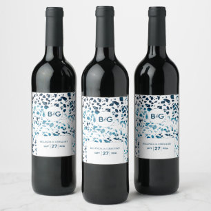 Modern Abstract Terrazzo Mosaic Blue Wedding Wine Label