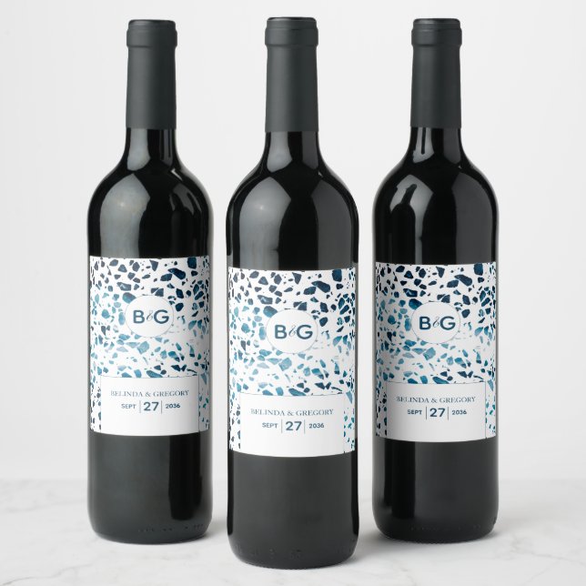 Modern Abstract Terrazzo Mosaic Blue Wedding Wine Label (Bottles)