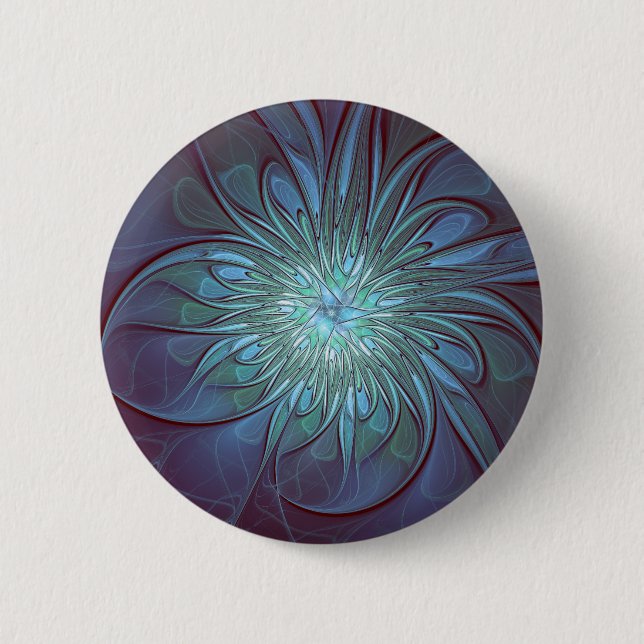 Modern Abstract Trendy Blue Flower Fractal Art Button (Front)