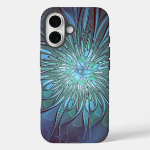 Modern Abstract Trendy Blue Flower Fractal Art iPhone 16 Case