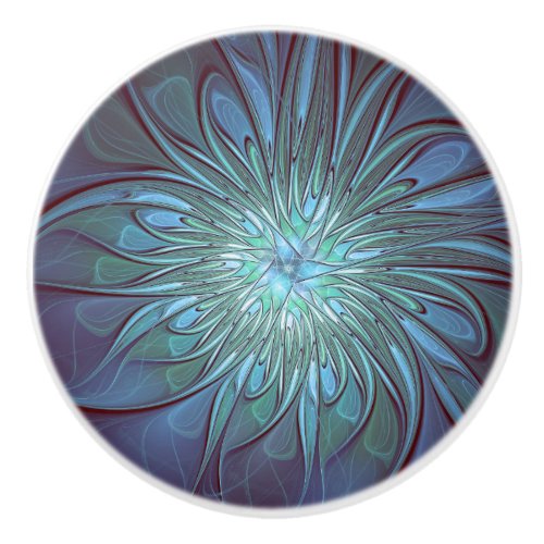 Modern Abstract Trendy Blue Flower Fractal Art Ceramic Knob